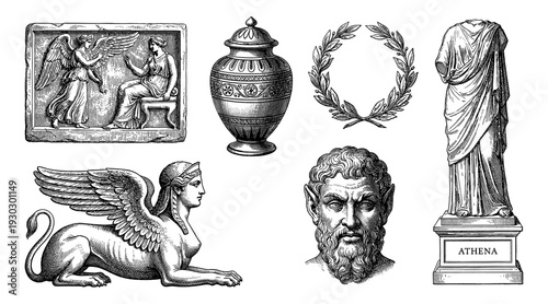 Ancient Greek symbols set with Athena statue and Socrates head