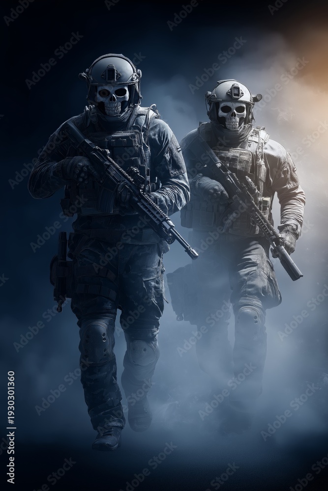 Fototapeta premium Two futuristic special forces soldiers emerging from smoke. Futuristic tactical soldiers wearing skull masks and armor holding rifles