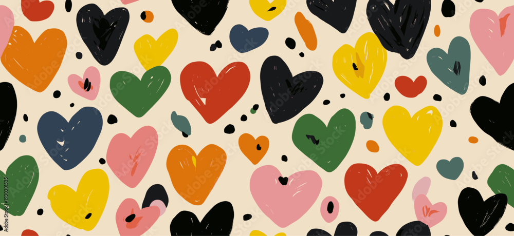 Fototapeta premium Hearts in a cute retro doodle style creating a vibrant seamless pattern. Seamless heart pattern representing love and romance