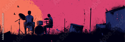 Drummer performing on a city rooftop at sunset, playing a song about love. Drummer playing love song on urban rooftop