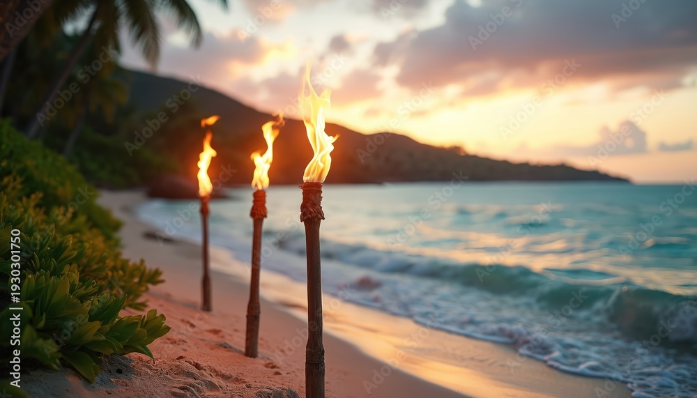 Naklejka premium Three tiki torches burn on sand beach near ocean waves at sunset. Palm trees and island hills outline horizon. Warm glow lights tropical evening paradise scene.
