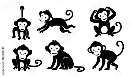 Playful monkey silhouette vector set isolated on white