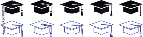 Graduation cap icons in black and blue colors