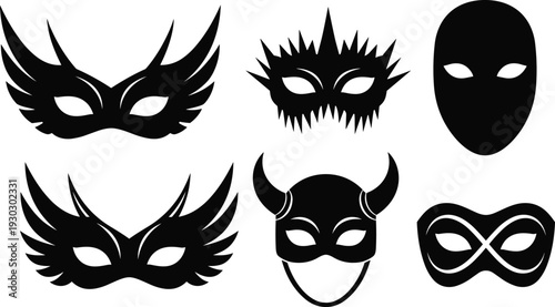 Masquerade mask silhouettes set, carnival and party costume face masks collection vector illustration isolated on white background