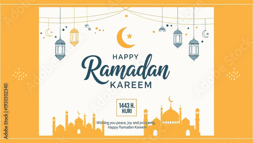 Celebratory Ramadan greeting card with crescent moon, lanterns, and mosque silhouettes depicting a festive Islamic atmosphere viewed from a front perspective