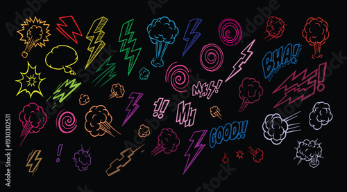 Vibrant Hand-Drawn Doodle Collection of Dynamic Comic Style Elements Featuring Powerful Lightning Bolts, Explosive Bursts, Expressive Speech Bubbles, and Energetic Sound Effects 