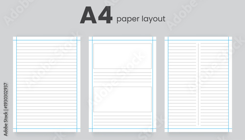 Set of Three A4 Lined Paper Templates with Margins, Printable Notebook Page Layout, Clean Writing Sheet Design, Editable EPS Stationery Vector