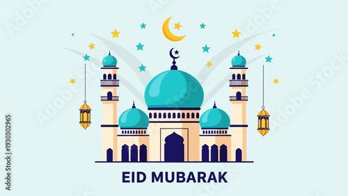Eid Mubarak mosque illustration with stars, crescent moon, and lanterns in a festive scene