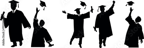 Graduation celebration silhouettes of students throwing caps in the air