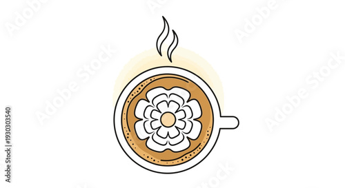 Top view of a steaming cup of coffee with latte art flower design and warm yellow halo