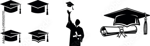 Graduation icons and silhouette celebrating academic achievement and commencement