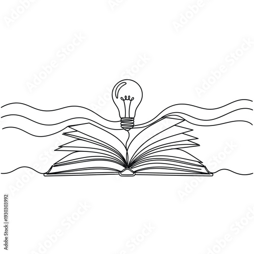 Continuous Line Drawing of an Open Book with a Light Bulb - Knowledge and Ideas