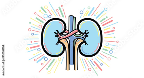 Vector illustration of an anatomical illustration of human kidneys with blood vessels and ureters