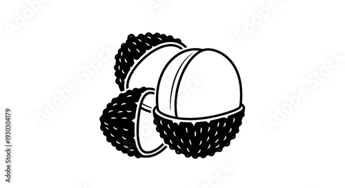 Stylized Black and White Illustration of Lychees, One Cut Open
