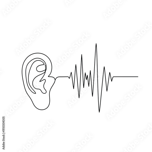 Human Ear with Sound Wave in Continuous Line Art Illustration
