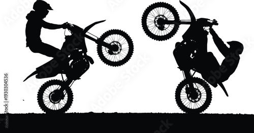 Black Silhouette of Motocross Riders Performing Wheelie Stunts on Dirt Bikes Isolated on White Background for Extreme Sports Action and Freestyle Motorcycling Competition Graphics