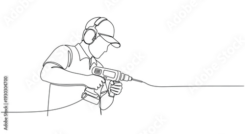 Photos Continuous line art of construction worker with drill, safety gear and power too