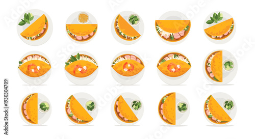 Vietnamese Sizzling Crepe Banh Xeo with Shrimp Pork and Bean Sprouts Vector Illustration Set