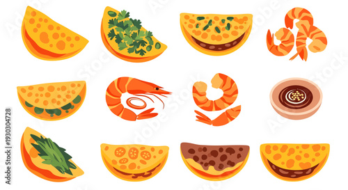 Vietnamese Banh Xeo and Crispy Shrimp Pancake Ingredients Set Vector Illustration