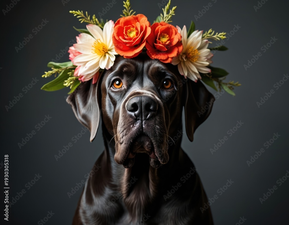 Fototapeta premium Dark fur Cane Corso dog wears bright floral crown. Large dog portrait studio shot with orange and white flowers. Elegant pet poses with noble look.