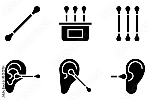 Cotton buds icon set. Black simple vector illustration on white background.
