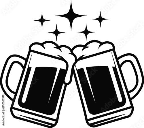 Black and white beer mugs clinking with foam, festive celebration toast icon for Oktoberfest party design brewery bar pub logo