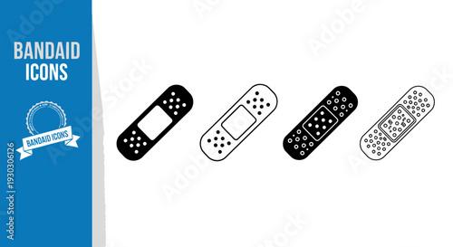 Set of band aid icons in various styles and designs.