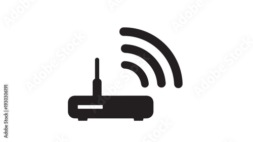 Wireless router emitting signal waves from its antenna in a modern home or office environment viewed from the front