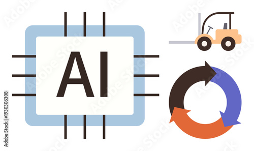Artificial intelligence, automation, recycling, sustainability, logistics, technology. a microchip labeled AI, a recycling symbol and a forklift. Artificial intelligence and automation in logistics