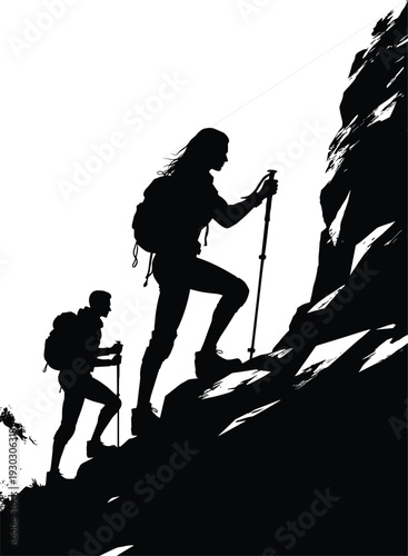 Black Silhouette of Two Hikers Climbing a Steep Rocky Mountain Peak with Backpacks and Trekking Poles Isolated on White Background Representing Adventure and Perseverance