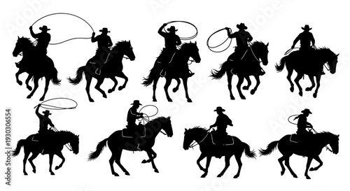 Cowboys on horseback roping cattle in various dynamic poses.