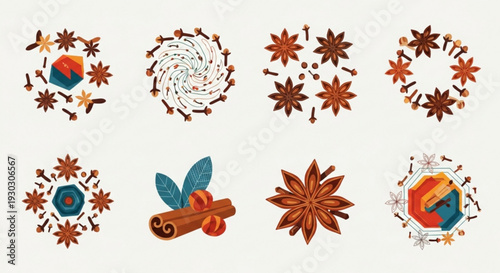 Spice elements with star anise cinnamon and nutmeg on white background