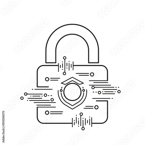 A padlock with a digital shield and lines emanating from it