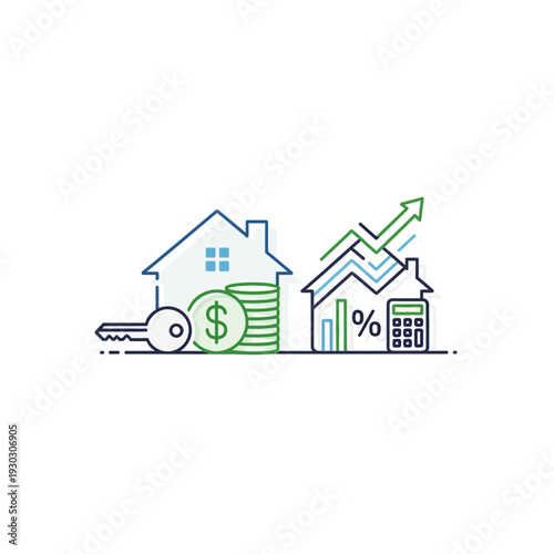 A house and a building with a graph and money