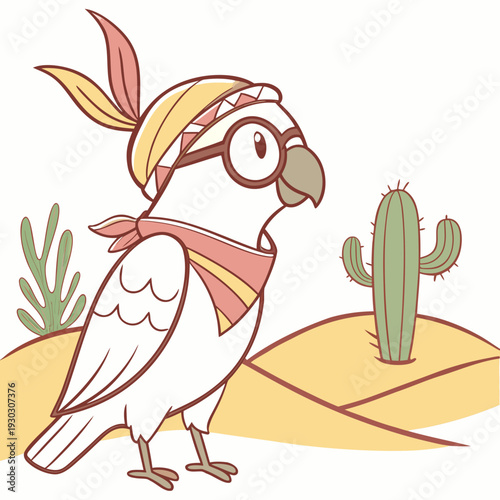 Cute Content Parrot, accessorized with wearing glasses, in a Desert Mirage world – Desert Mirage palette vector