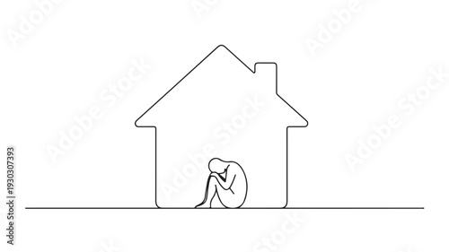 A person sitting outside a house with their head in their hands in a state of distress, a simple line drawing.