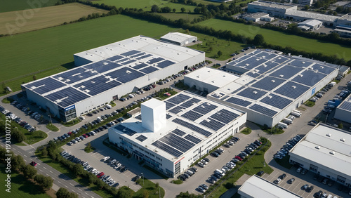 Aerial view of modern industrial complex with solar panels on rooftops