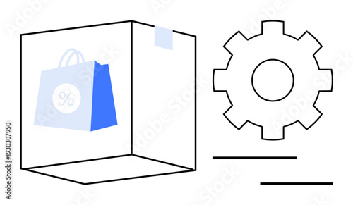 Shopping bag with discount label inside a box, next to a gear symbolizing e-commerce, system setup, online operations. Ideal for e-commerce, retail, logistics, strategy, optimization management