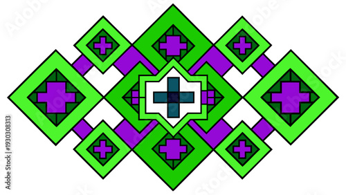 Geometric Diamond Pattern with Purple and Green Hmong Style Embroidery Elements