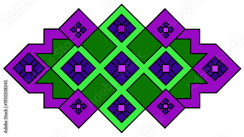 Geometric Diamond Pattern with Purple and Green Hmong Style Embroidery Elements