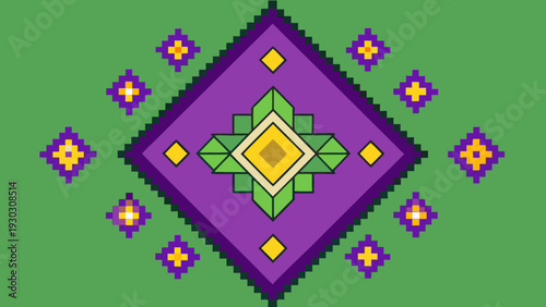 Geometric Diamond Pattern with Purple and Green Hmong Style Embroidery Elements