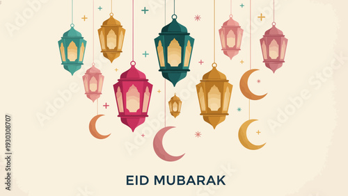 Colorful lanterns and moons hanging from above, creating a festive atmosphere for Eid celebrations