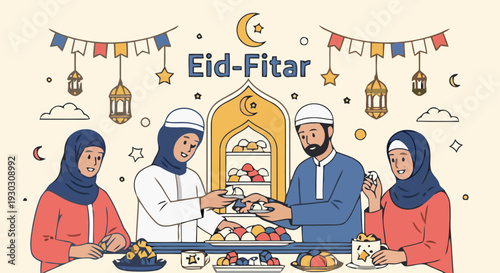 Family gathering for Eid-Fitar celebration with traditional food and decorations in a festive atmosphere from a frontal viewpoint