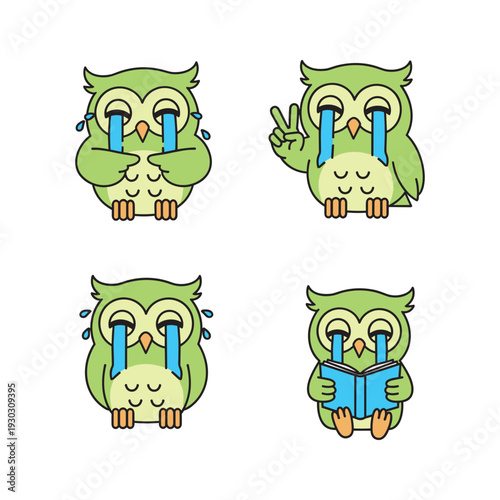 Crying cartoon owl set with different emotions and actions on white background