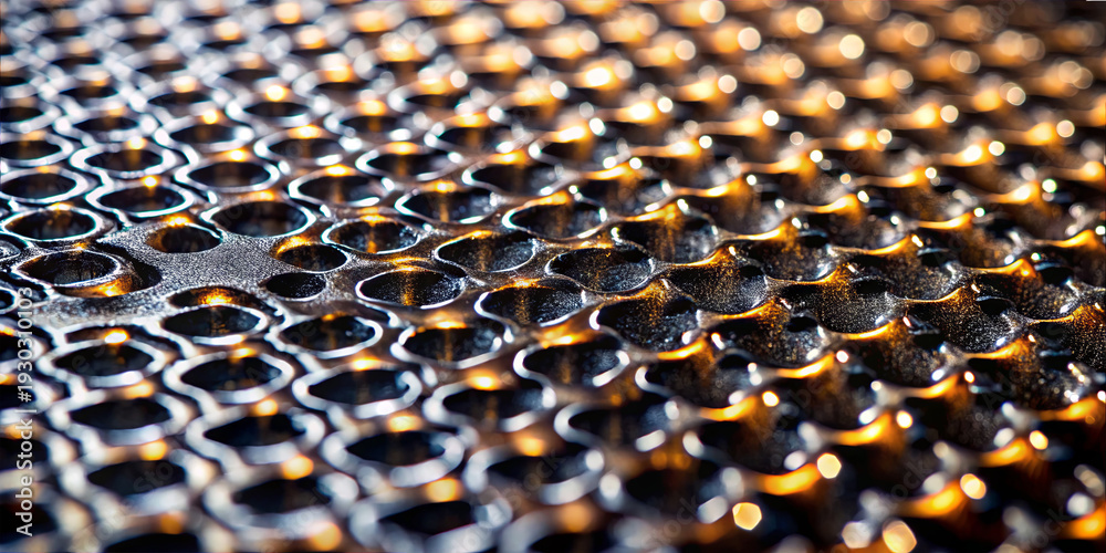 Obraz premium A close view shows a metal surface with circular shapes arranged in a pattern. The lighting creates reflections that highlight the design. This is taken in a studio setting
