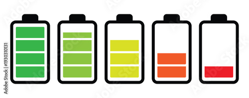 Vector set of battery icons with rectangular blocks showing charge levels from full green to low red. Minimalist flat design for UI/UX, mobile apps, and digital power indicators.