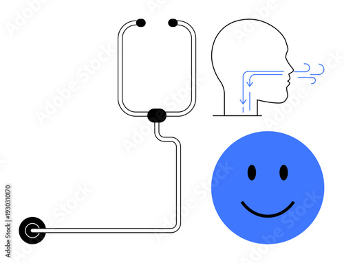 Breathing mechanism. Diagram of airflow through respiratory system and connected tubing illustration. Breathing supports health, oxygen flow, medical devices, education, wellness