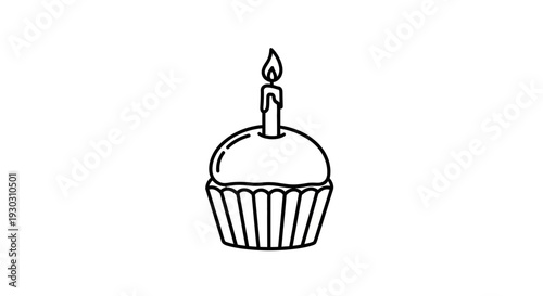 Simple line drawing of a cupcake with a lit candle, perfect for celebrations.