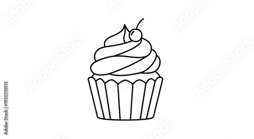 Simple Line Drawing of a Cupcake with Cherry on Top