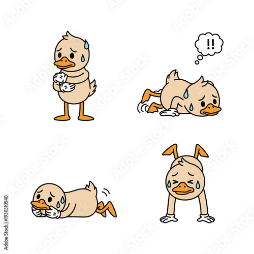 Cartoon duck having a panic attack in various poses with distressed expressions